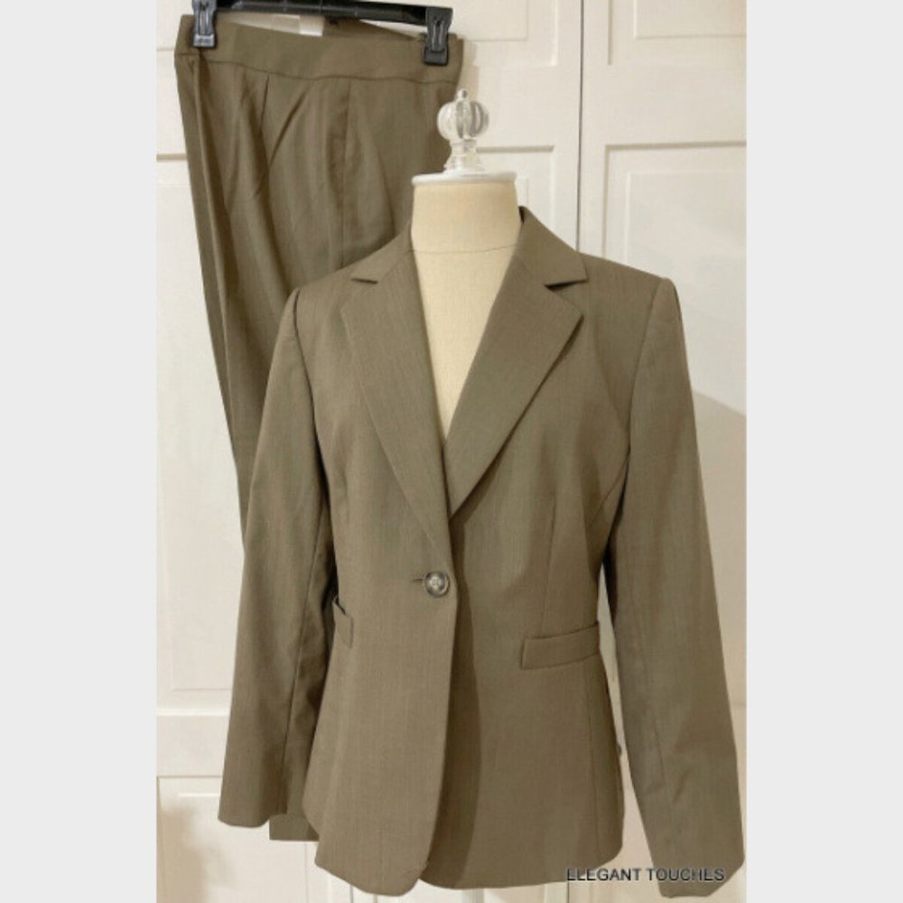 Alex Marie Petite Women Lined Blazer Jacket Pant 2 pc Set Size 6P Brown Taupe